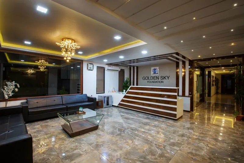 Spacious clean and hygienic lobby at Golden Sky care facility